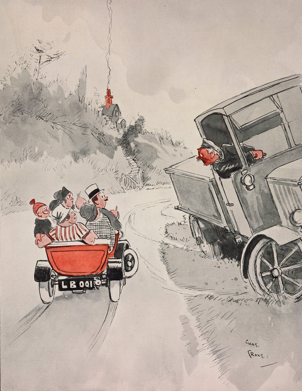 Sardinhas em conserva e o sarcástico camionista, cartoon de Chas Grave (1886-1944) de The Tatler, No 1406, 6 de Junho de Charles Grave