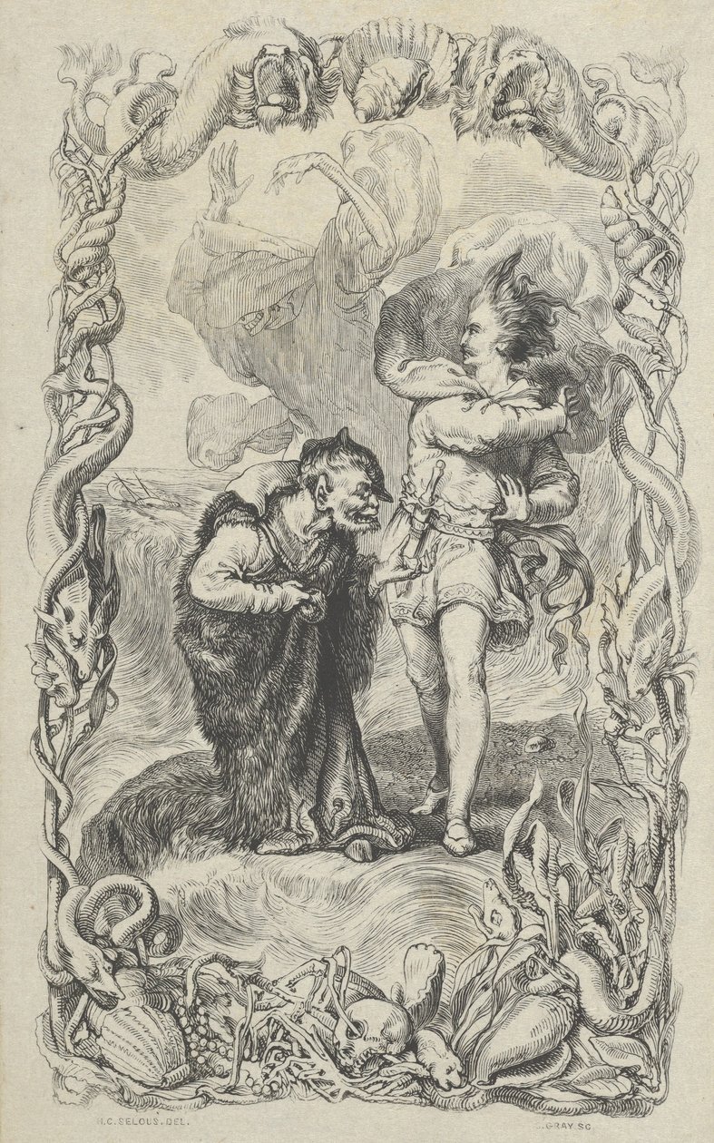 Ilustração para a Tempestade: Caliban, Ferdinand e Ariel, 1836. de Charles Gray