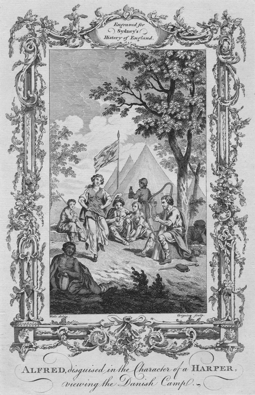 Alfred, disfarçado no caráter de um harpista, vendo o acampamento dinamarquês, 1773. de Charles Grignion
