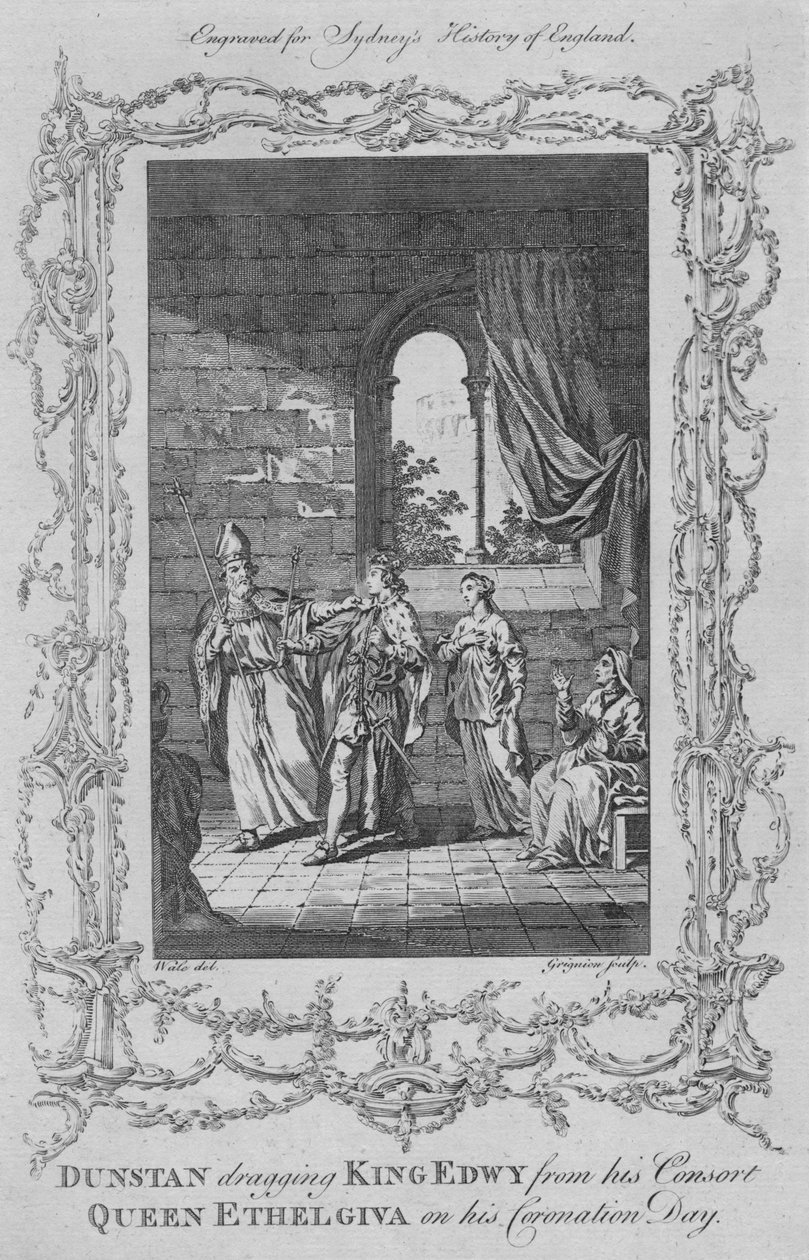 Dunstan arrastando o rei Edwy de sua rainha Ethelgiva em seu dia de coroação, 1773. de Charles Grignion