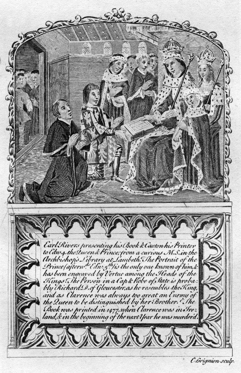 Earl Rivers apresenta seu livro ao rei Edward IV, c1477, final do século XVIII ou início do século XIX de Charles Grignion