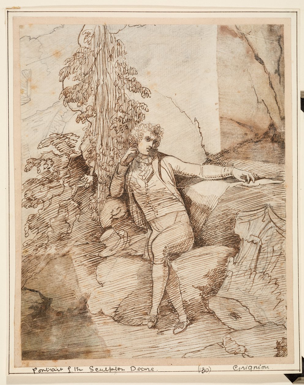 John Deare sentou-se em uma pedra com as pernas cruzadas, na frente das árvores, com sua cartola ao lado dele de Charles Grignion