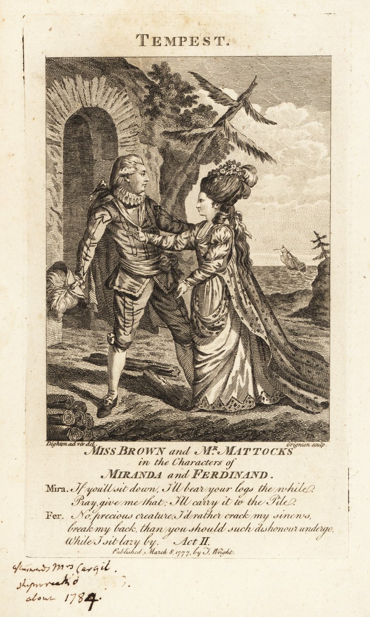 Miss Ann Brown e Mr George Mattocks nas personagens de Miranda e Ferdinand numa versão lírica de William Shakespeares The Tempest, Covent Garden Theatre de Charles Grignion
