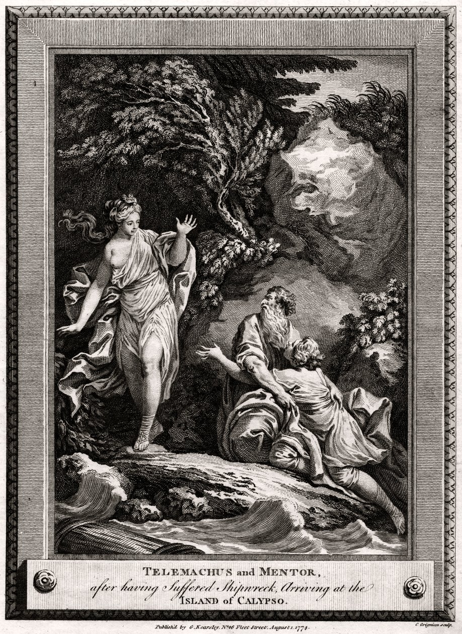 Telêmaco e Mentor, depois de terem sofrido um naufrágio, chegam à Ilha de Calypso, 1774 de Charles Grignion