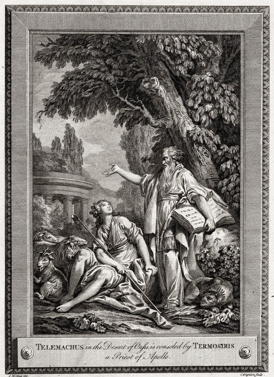 Telêmaco, no deserto do oásis, é consolado por Termosiris, um sacerdote de Apolo, 1774. de Charles Grignion
