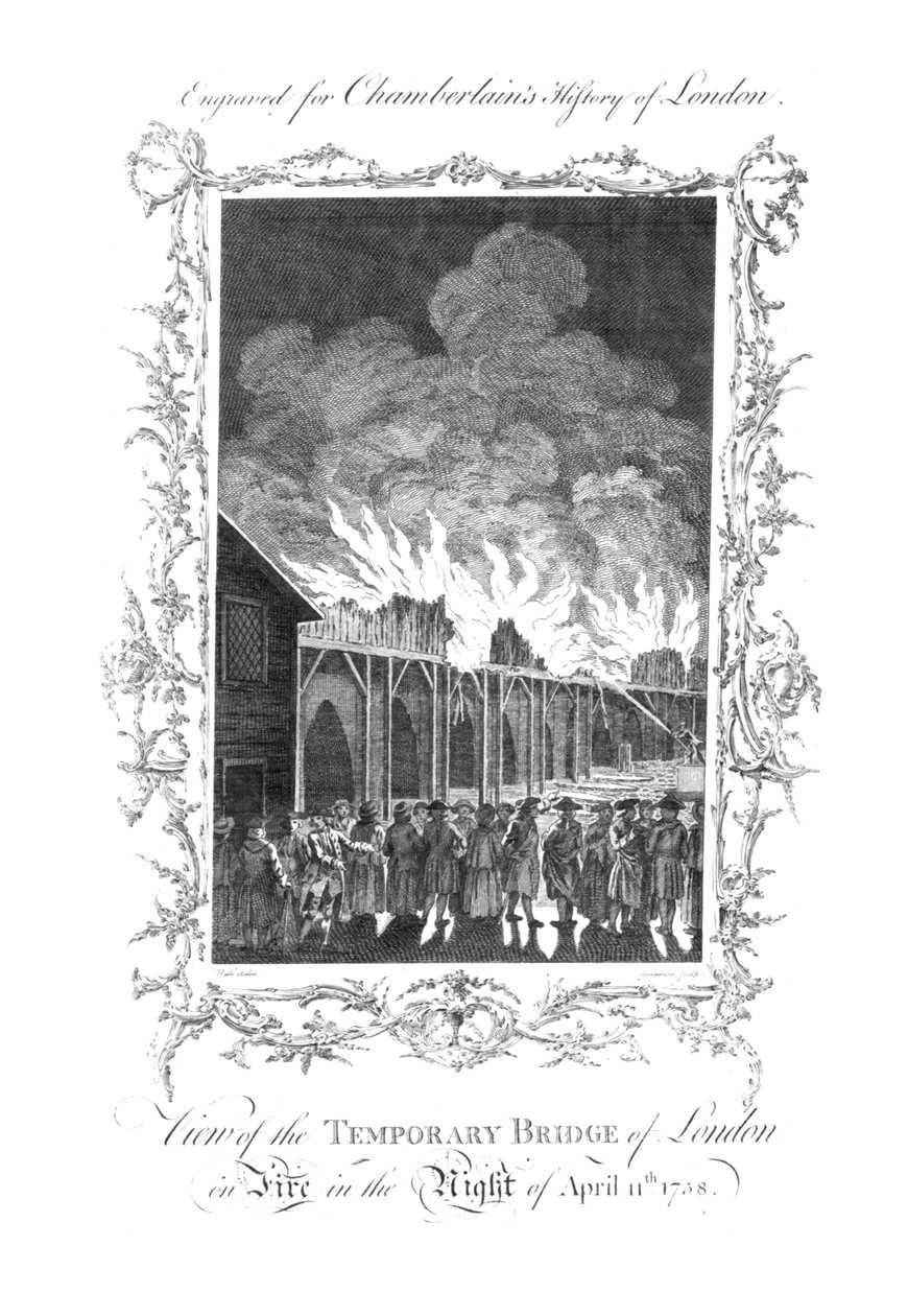 Vista da ponte temporária de Londres em chamas ... 1758., C1770 de Charles Grignion