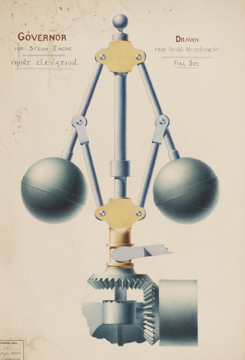 Governador para Motor a Vapor - Elevação Frontal, c.1882 (aquarela) de Charles Gustav Louis Phillips