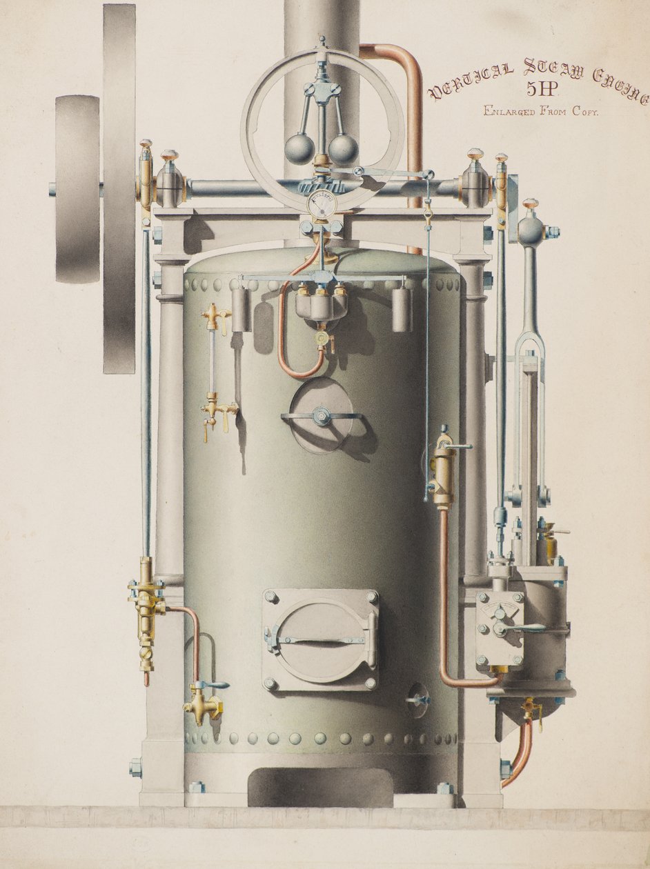Motor a vapor vertical, 5HP (aquarela) de Charles Gustav Louis Phillips