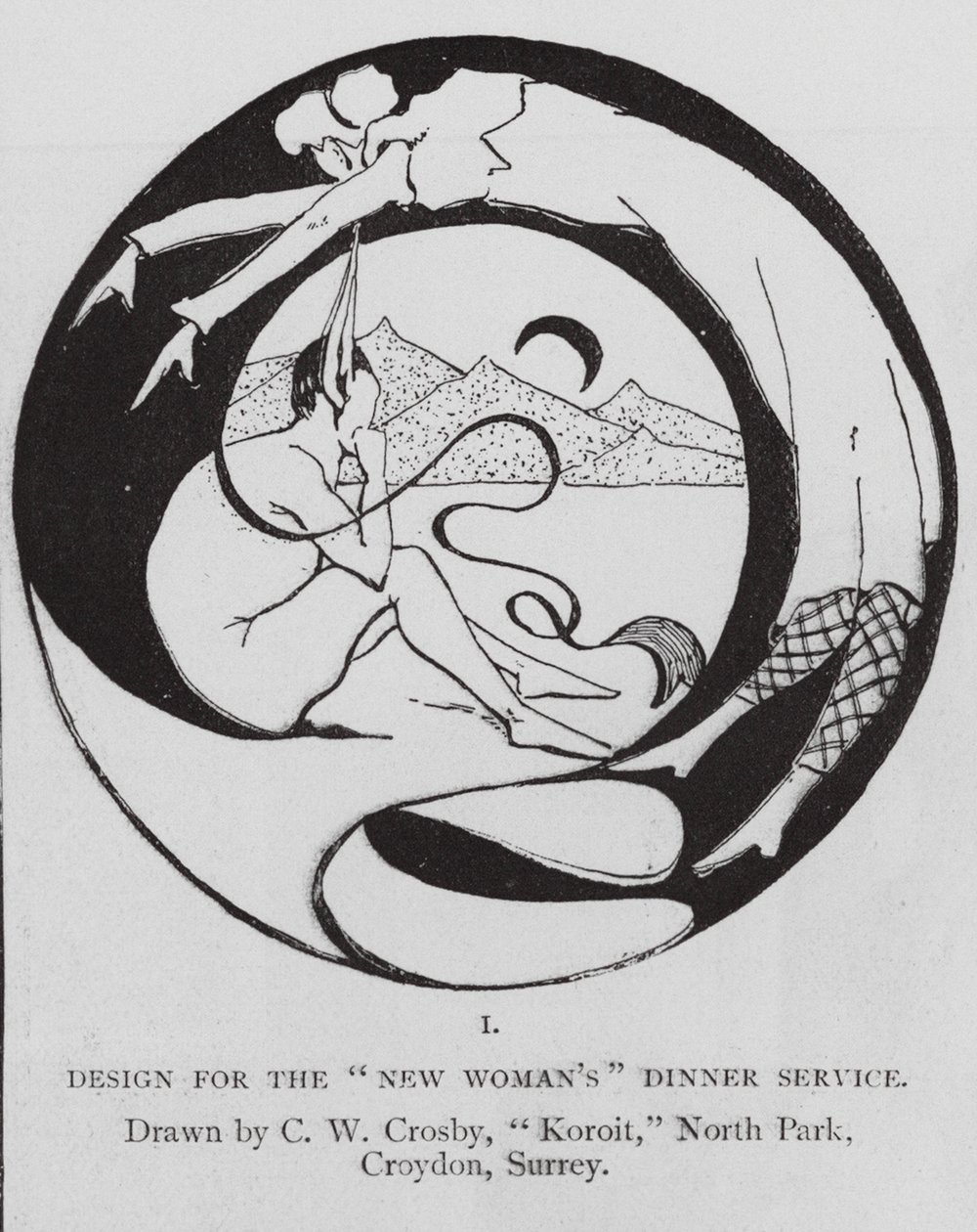 Desenho do serviço de jantar da Nova Mulher (gravura) de Charles H. (after) Crosby