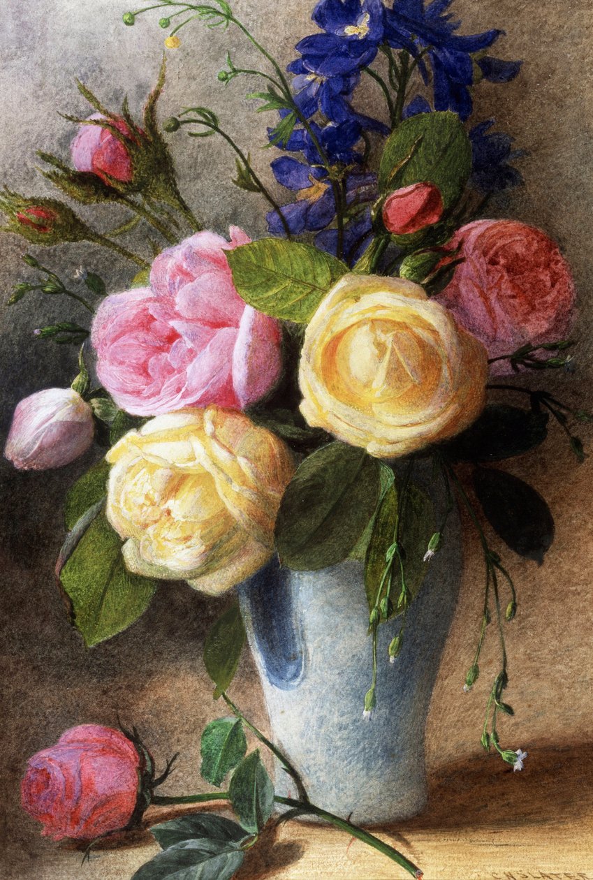 Rosas e golfinhos num vaso. Pintura de Charles Henry Slater (1820-1890) Coleção particular. de Charles H. Slater