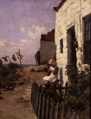 Na porta do chalé de Charles Haigh Wood