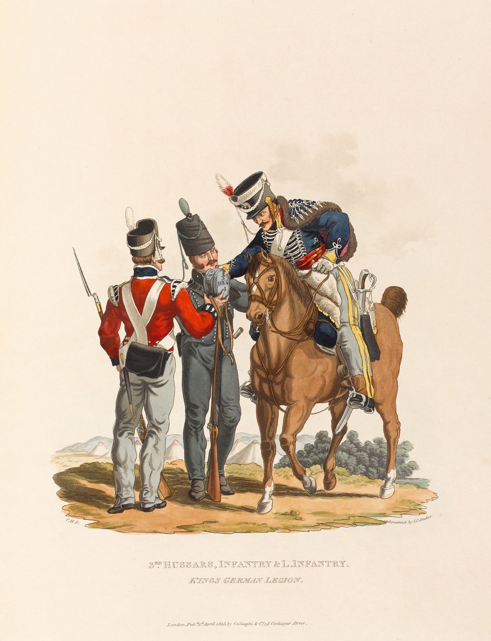 3º Hussardos, Infantaria e Infantaria Ligeira. Reis da Legião Alemã, c.1815 (aquatint) de Charles Hamilton (after) Smith