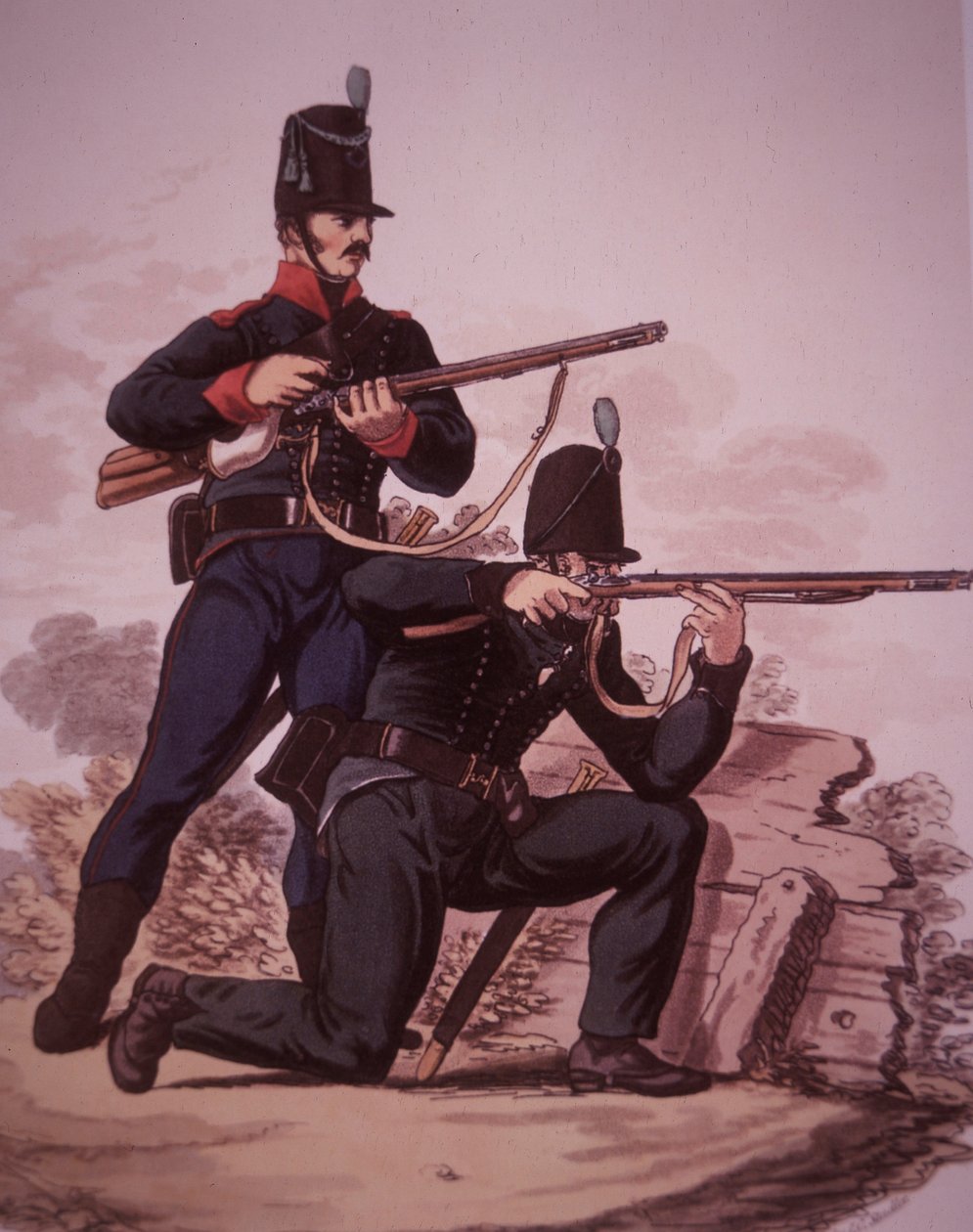 Atiradores do Exército Britânico do início do século XIX: Soldado do 60º Regimento Real Americano de Pé, e soldado do 95º Regimento de Espingardas ajoelhado (cor litho) de Charles Hamilton (after) Smith