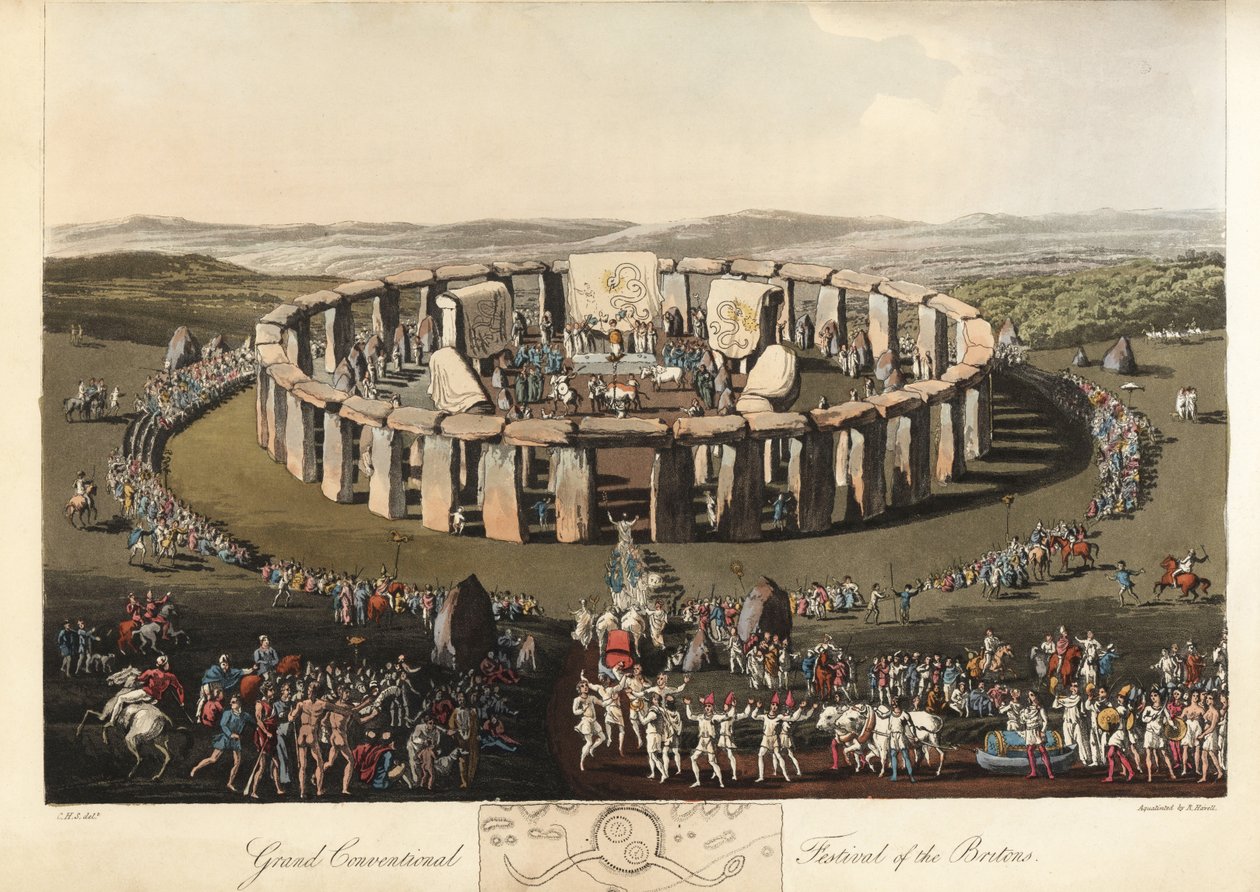 Grande Festival Convencional dos Britânicos em Stonehenge, pré-Ro,1821 (gravura) de Charles Hamilton (after) Smith