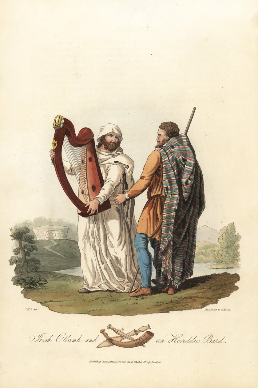 ollamh irlandês e um bardo heráldico, era pré-romana. ,1821 (gravura) de Charles Hamilton (after) Smith