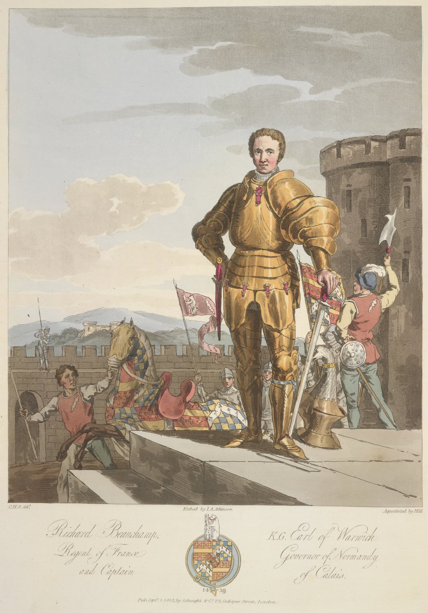Richard Beauchamp (1381-1439) Earl of Warwick, Anno 1439, ilustração de "The Costume of the original inhabitants of the British Islands from the early periods to the sixth century..." de Sir Samuel Rush Meyrick e C.H. Smith, publicado em 1815 (cor de Charles Hamilton (after) Smith