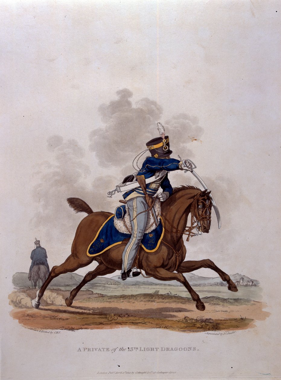 Um soldado dos 13º Dragões da Luz, de "Figurinos do Exército do Império Britânico, de acordo com as últimas regulamentações de 1812", gravados por JC Stadler, publicado por Colnaghi und Co. 1812-15 (colorido de Charles Hamilton Smith
