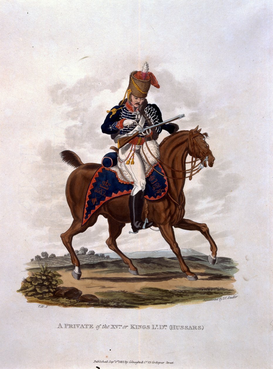 Um soldado do século XV, ou reis Hussars, de "trajes do exército do Império Britânico, de acordo com os últimos regulamentos de 1812", gravados por JC Stadler, publicado por Colnaghi und Co. 1812-15 (colou de Charles Hamilton Smith