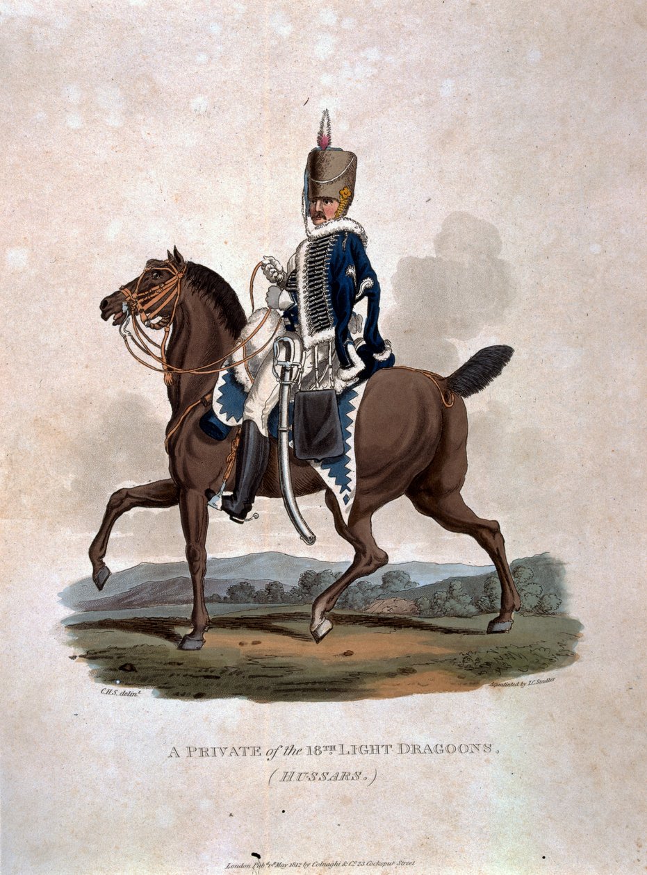 Um soldado dos 18º Dragões de Luz (Hussardos) de &39;Trajes do Exército do Império Britânico, de acordo com os últimos regulamentos de 1812&39;, gravados por JC Stadler, publicado por Colnaghi und Co. 1812-15 de Charles Hamilton Smith