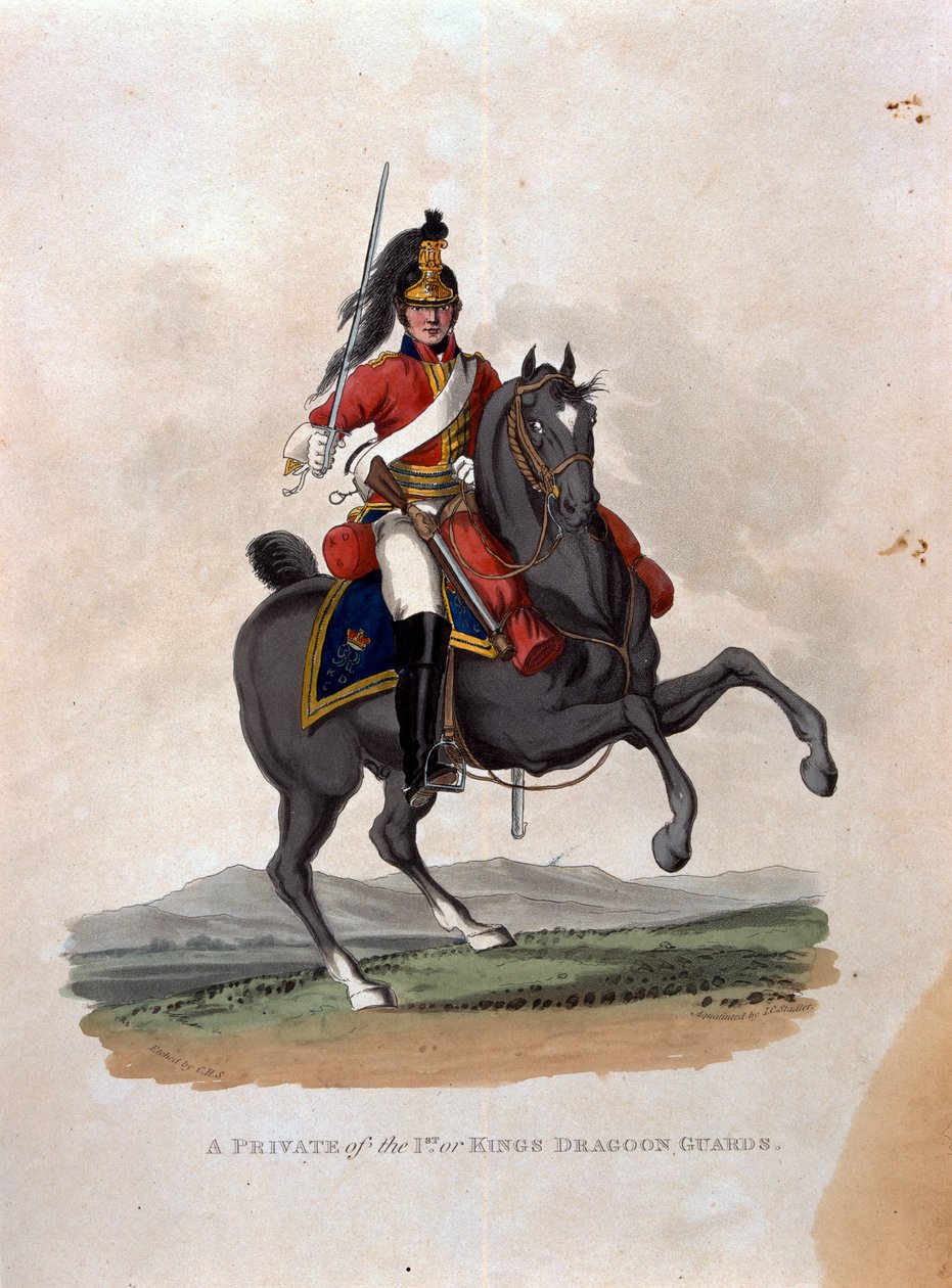 Um soldado do 1º, ou Guarda do Dragão do Rei, de "Figurinos do Exército do Império Britânico, de acordo com os últimos regulamentos 1812", gravados por JC Stadler, publicado por Colnaghi und Co. 1812-15 de Charles Hamilton Smith