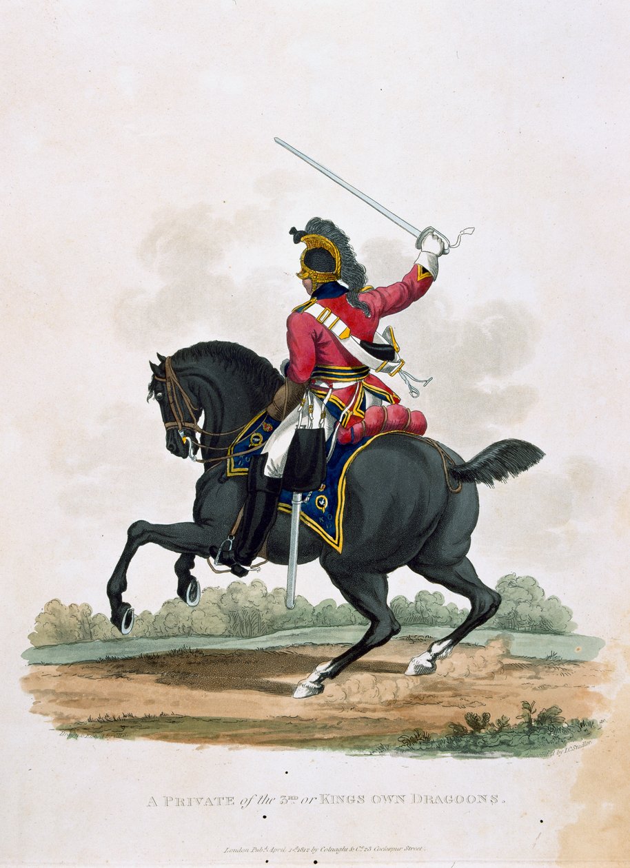 Um soldado do 3º, ou os próprios dragões do rei, de "Figurinos do exército do Império Britânico, de acordo com os últimos regulamentos 1812", gravados por JC Stadler, publicado por Colnaghi und Co. 1812-15 ( de Charles Hamilton Smith