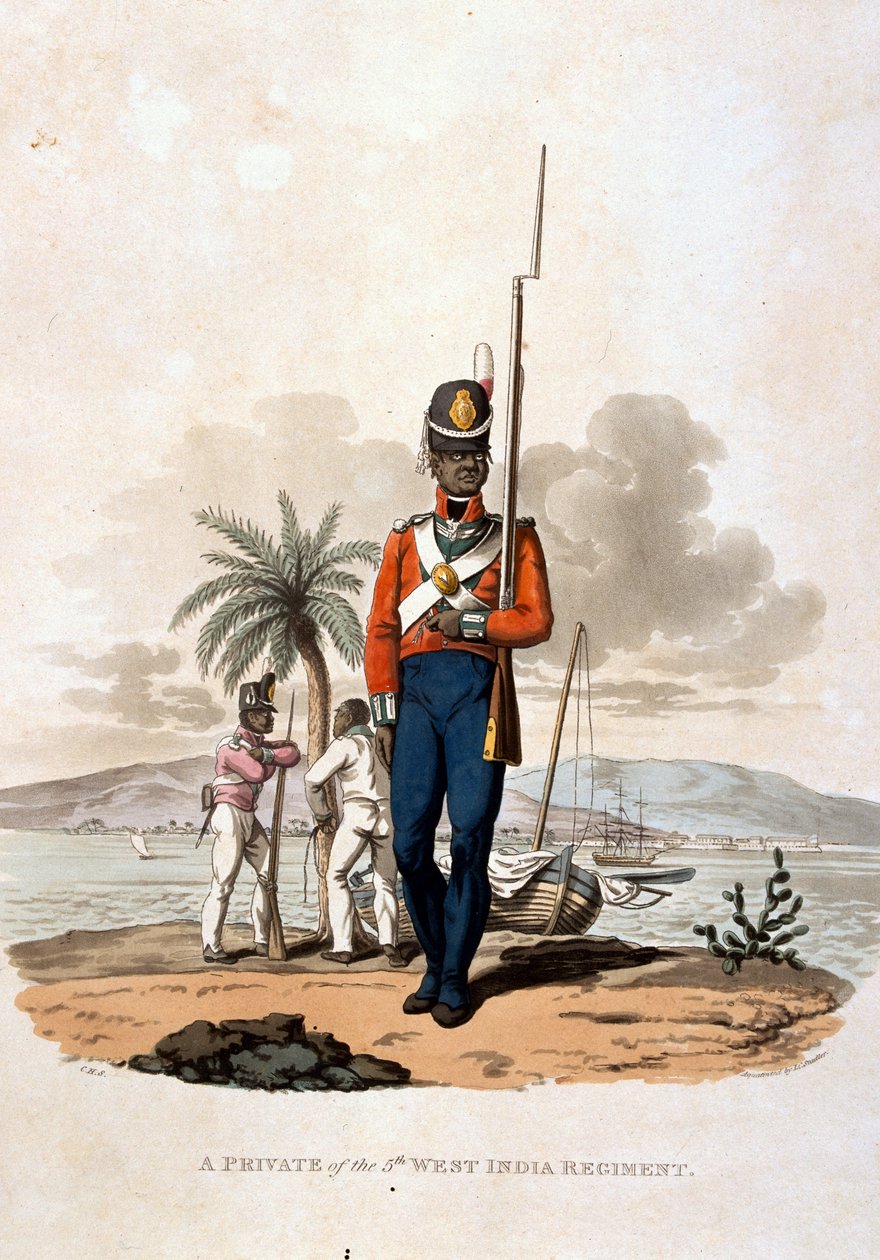 Um soldado do 5º Regimento da Índia Ocidental, de "Figurinos do Exército do Império Britânico, de acordo com os últimos regulamentos de 1812", gravado por JC Stadler, publicado por Colnaghi und Co. 1812-15 (colo de Charles Hamilton Smith