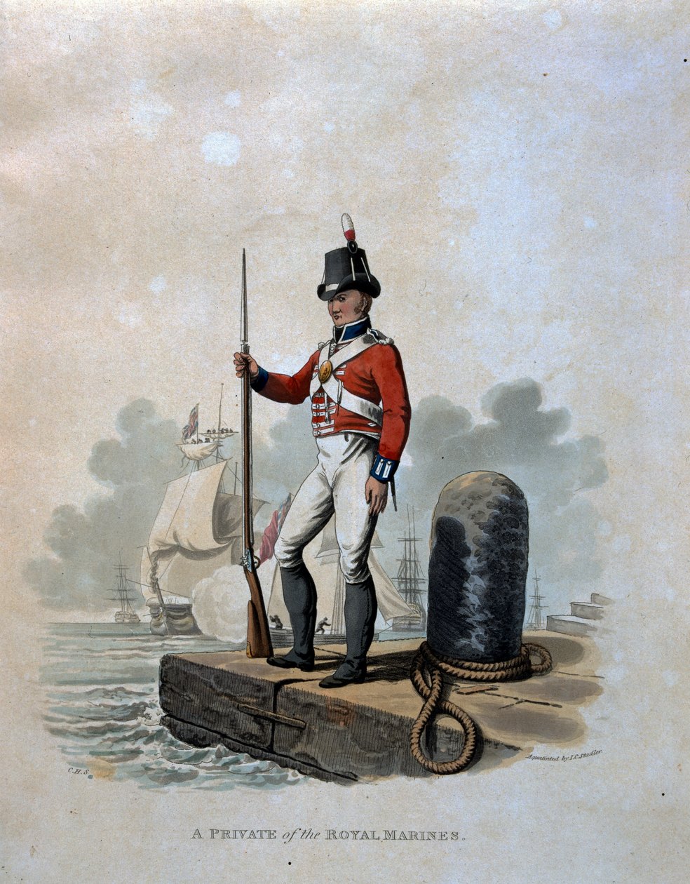 Um soldado dos fuzileiros navais reais, de "trajes do exército do Império Britânico, de acordo com os últimos regulamentos 1812", gravado por JC Stadler, publicado por Colnaghi und Co. 1812-15 (colorido aquat de Charles Hamilton Smith
