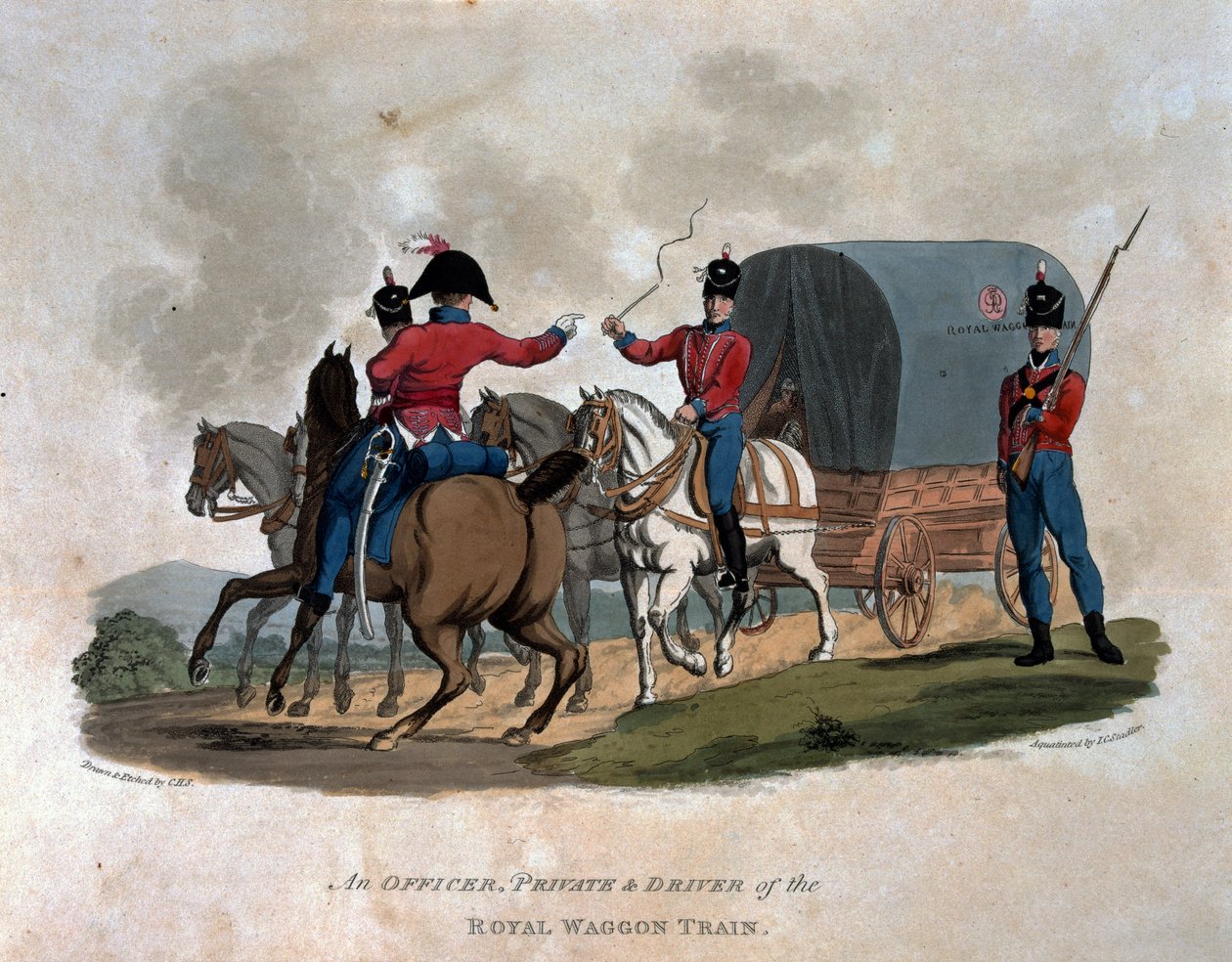 Oficial, soldado e condutor do comboio real de vagões, de "trajes do exército do Império Britânico, segundo os últimos regulamentos 1812", gravados por JC Stadler, publicado por Colnaghi und de Charles Hamilton Smith
