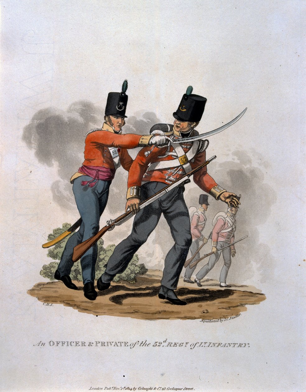 Um oficial e soldado do 53º Regimento de Infantaria Ligeira, de "Figurinos do Exército do Império Britânico, de acordo com os últimos regulamentos de 1812", gravados por JC Stadler, publicado por Colnagh de Charles Hamilton Smith