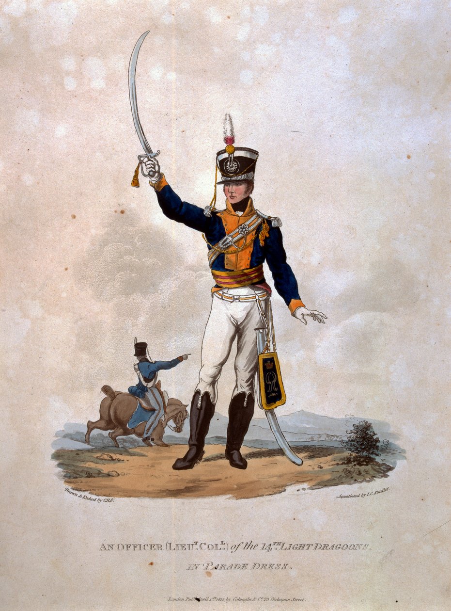 Um oficial dos 14º Dragões de Luz em Desfile de Roupas, de "Roupas do Exército do Império Britânico, de acordo com as últimas regulamentações de 1812", gravadas por JC Stadler, publicadas pela Colnaghi und Co. de Charles Hamilton Smith