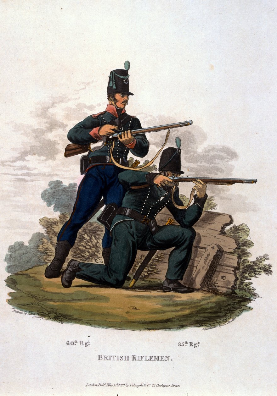 Fuzileiros britânicos, de "trajes do exército do Império Britânico, de acordo com os últimos regulamentos 1812", gravados por JC Stadler, publicado por Colnaghi und Co. 1812-15 (aquatinta colorida) de Charles Hamilton Smith