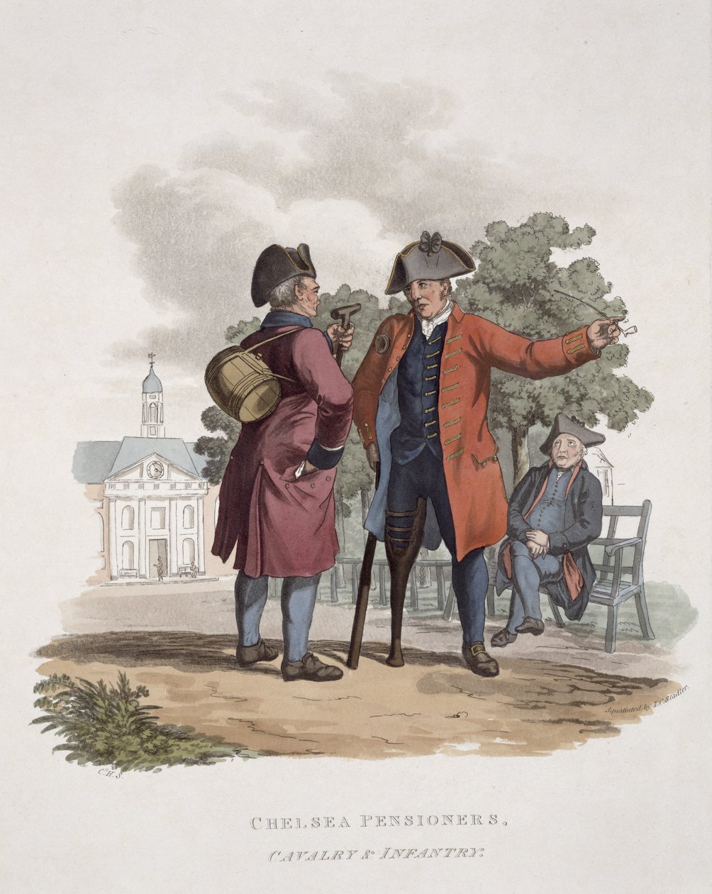 Aposentados do Chelsea, Cavalaria e Infantaria, de &39;Traje do Exército do Império Britânico&39;, gravado por Joseph Constantine Stadler (fl.1780-1812), publicado em 1812-15 de Charles Hamilton Smith