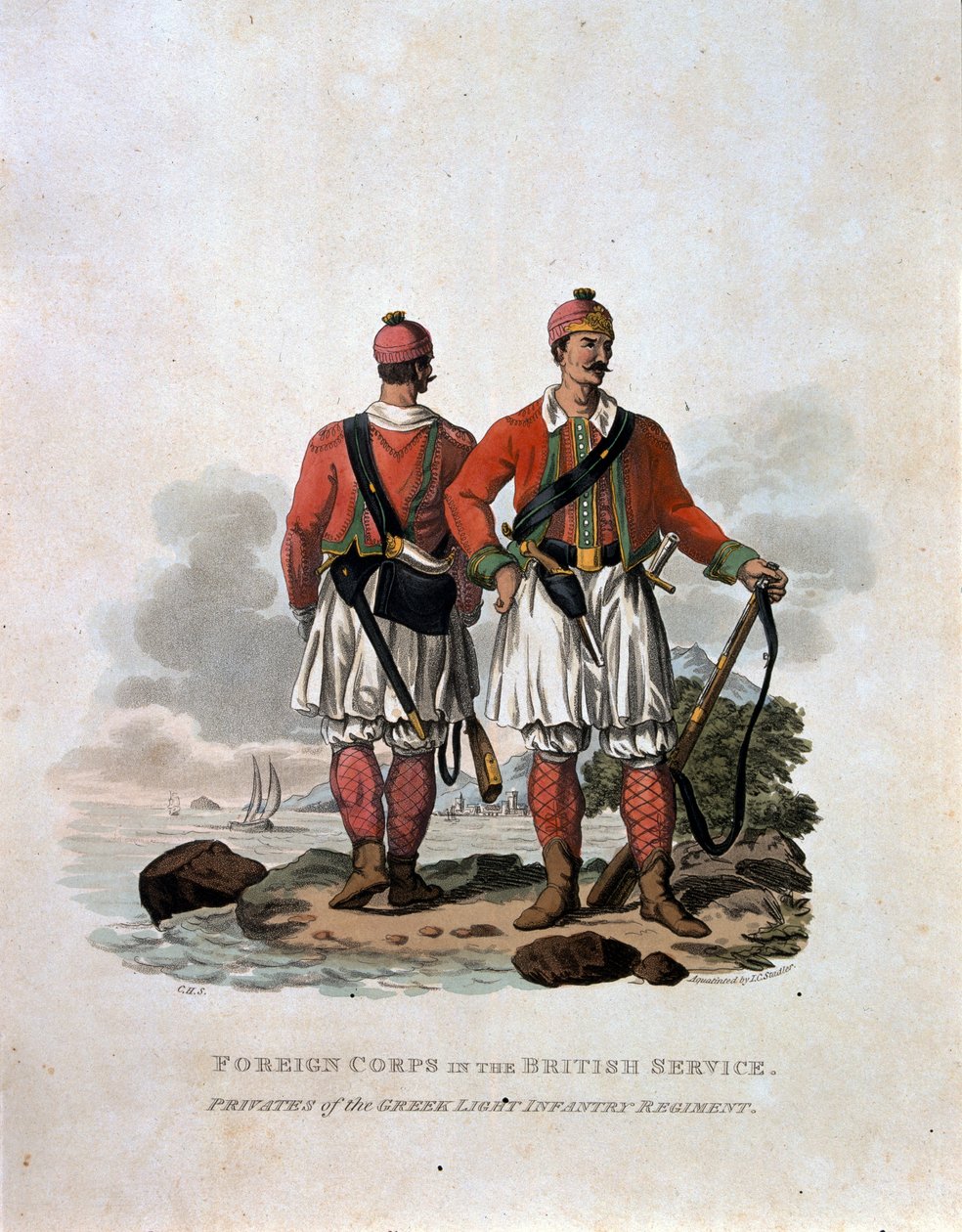 Corpo estrangeiro no Serviço Britânico, soldados do Regimento de Infantaria Leve Grega, de "Trajes do Exército do Império Britânico, de acordo com os últimos regulamentos 1812", gravados por JC Stadler de Charles Hamilton Smith