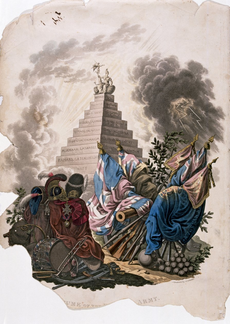Frontispício de &39;Trajes do Exército do Império Britânico, de Charles Hamilton Smith, de acordo com as últimas regulamentações de 1812&39;, aquatint por JC Stadler, publicado por Colnaghi and Co, 1812-15 (cor de Charles Hamilton Smith