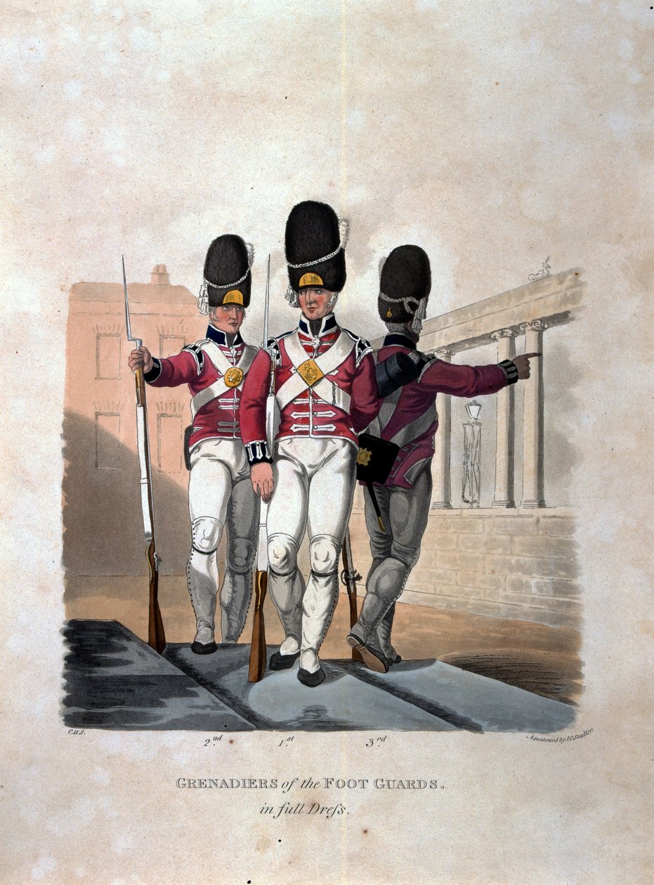 Granadeiros dos guardas de infantaria vestidos a condizer, em "Fatos do exército do Império Britânico, segundo os últimos regulamentos de 1812", gravados por JC Stadler, publicado por Colnaghi und Co. 1812-15 (c de Charles Hamilton Smith