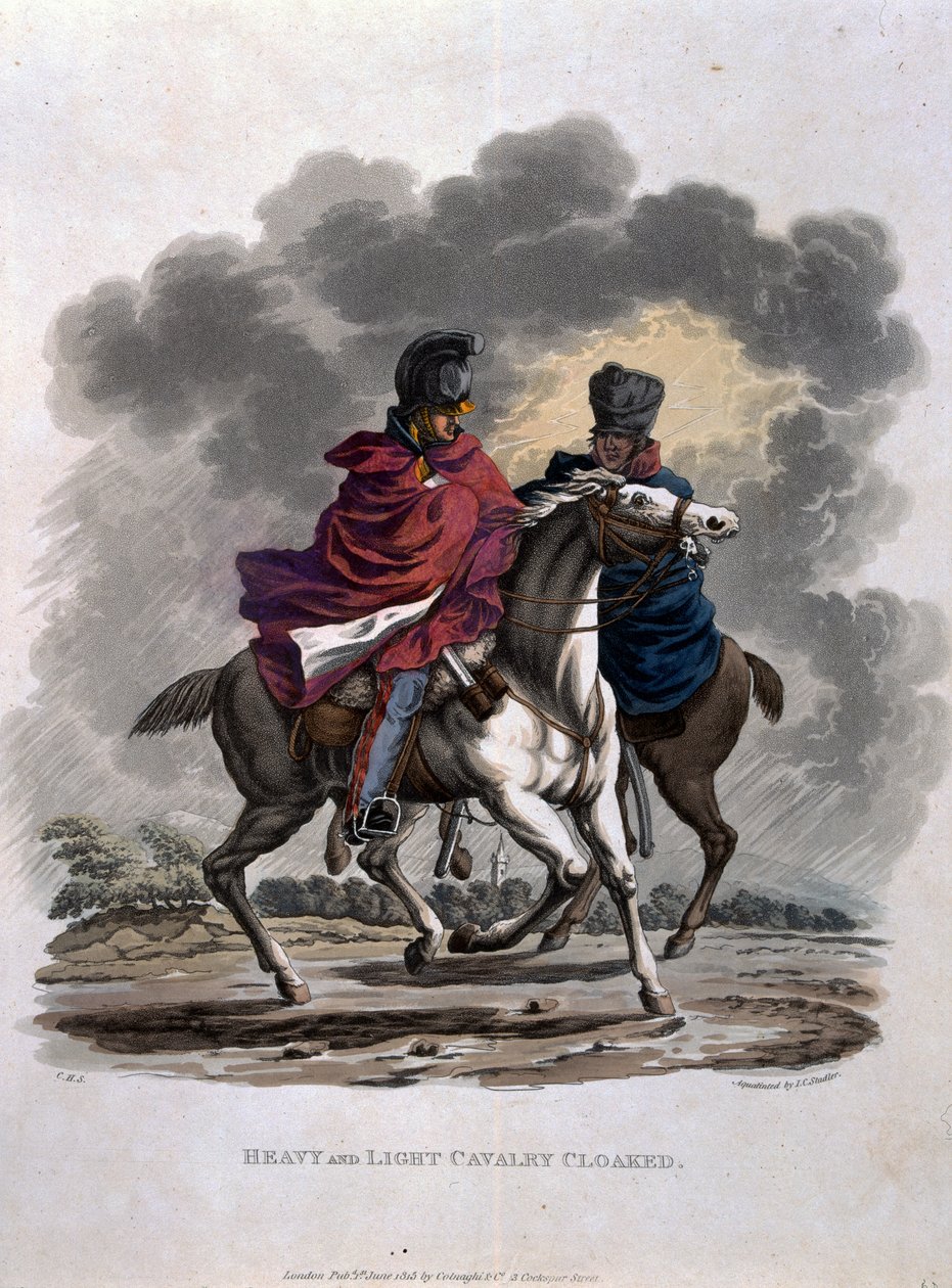 Cavalaria pesada e leve camuflada, de "trajes do exército do Império Britânico, de acordo com os últimos regulamentos 1812", gravada por JC Stadler, publicada por Colnaghi und Co. 1812-15 (aqua colorida de Charles Hamilton Smith