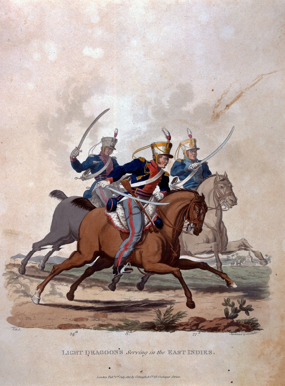 Dragões de Luz que servem as Índias Orientais, de "Figurinos do Exército do Império Britânico, de acordo com as últimas regulamentações de 1812", gravados por JC Stadler, publicado por Colnaghi und Co. 1812-15 (cor de Charles Hamilton Smith