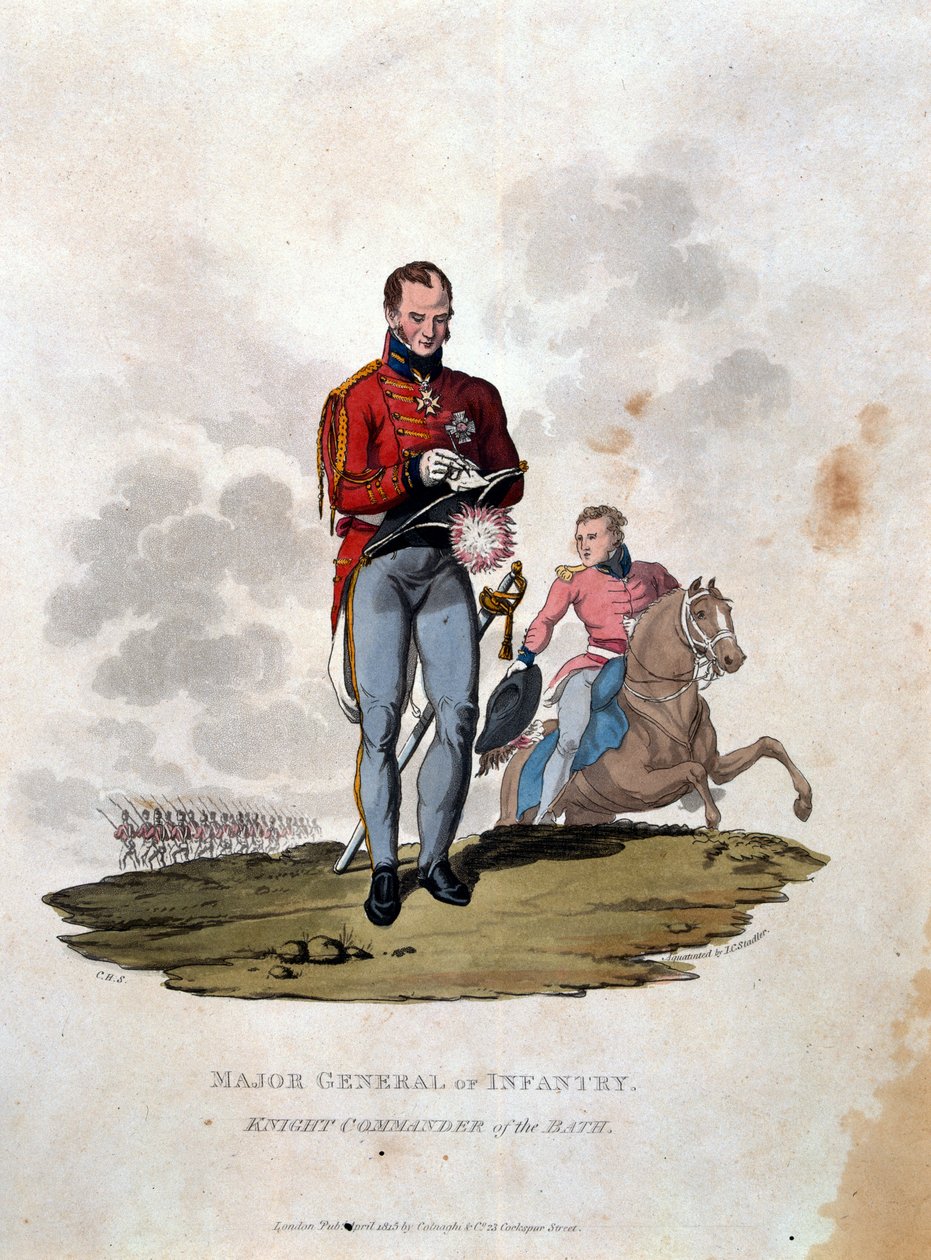 Major-General de Infantaria Cavaleiro Comandante do Banho, de "Figurinos do Exército do Império Britânico, de acordo com os últimos regulamentos 1812", gravados por JC Stadler, publicado por Colnaghi und Co. de Charles Hamilton Smith