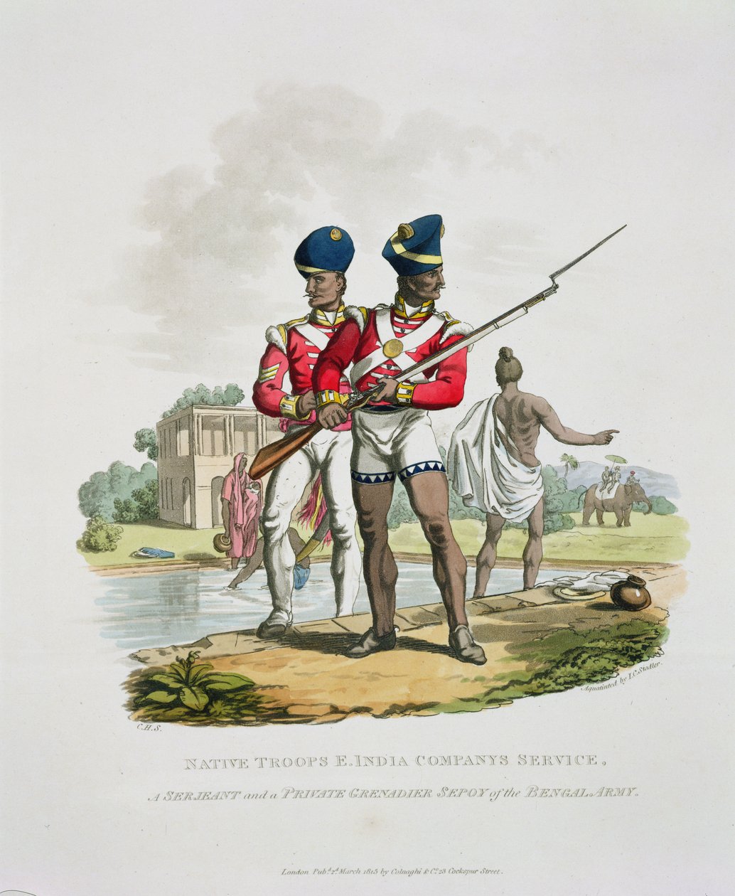 Tropas nativas no serviço da Companhia das Índias Orientais: um sargento e um granadeiro privado Sápio do Exército de Bengala, gravado por Joseph Constantine Stadler, 1815 (aquatint) de Charles Hamilton Smith
