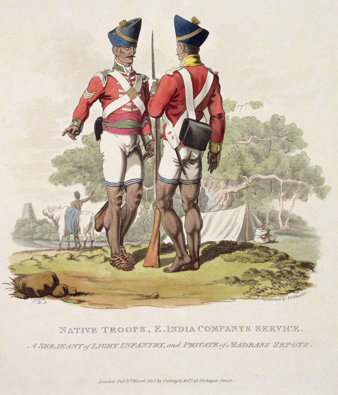 Tropas nativas no serviço da Companhia das Índias Orientais: um sargento de infantaria ligeira e um soldado dos Sepoys de Madras, gravado por Joseph Constantine Stadler, 1815 (aquatint) de Charles Hamilton Smith