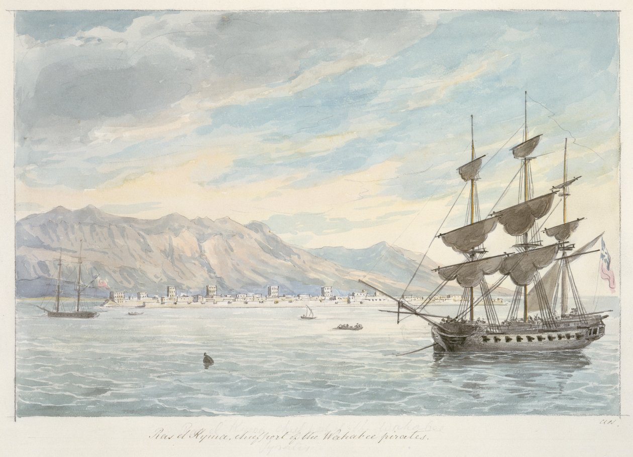 Ras el Kijma, porto principal dos piratas Wakabee, c.século XIX (grafite e aguarela) de Charles Hamilton Smith