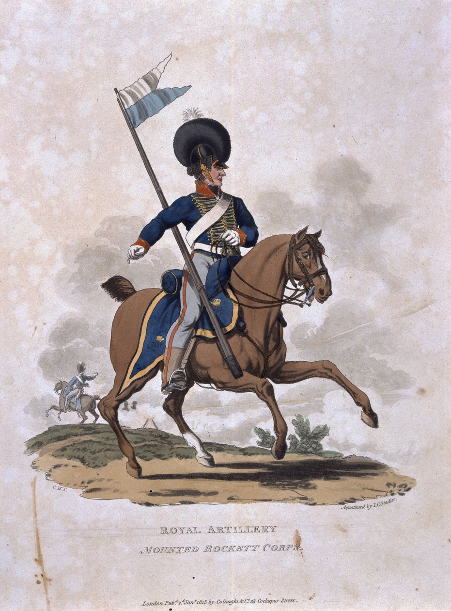 Artilharia Montada Rockett Corps, de "Figurinos do Exército do Império Britânico, de acordo com as últimas regulamentações de 1812", gravada por JC Stadler, publicada por Colnaghi und Co. 1812-15 (coloure de Charles Hamilton Smith