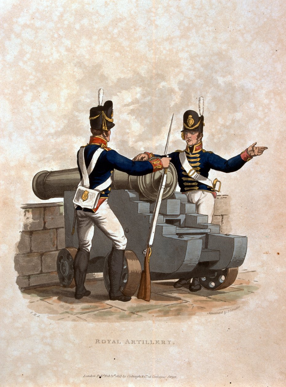 Artilharia Real, de &39;Trajes do Exército do Império Britânico, de acordo com as últimas regulamentações de 1812&39;, gravada por JC Stadler, publicada por Colnaghi und Co. 1812-15 (aquatinta colorida) de Charles Hamilton Smith