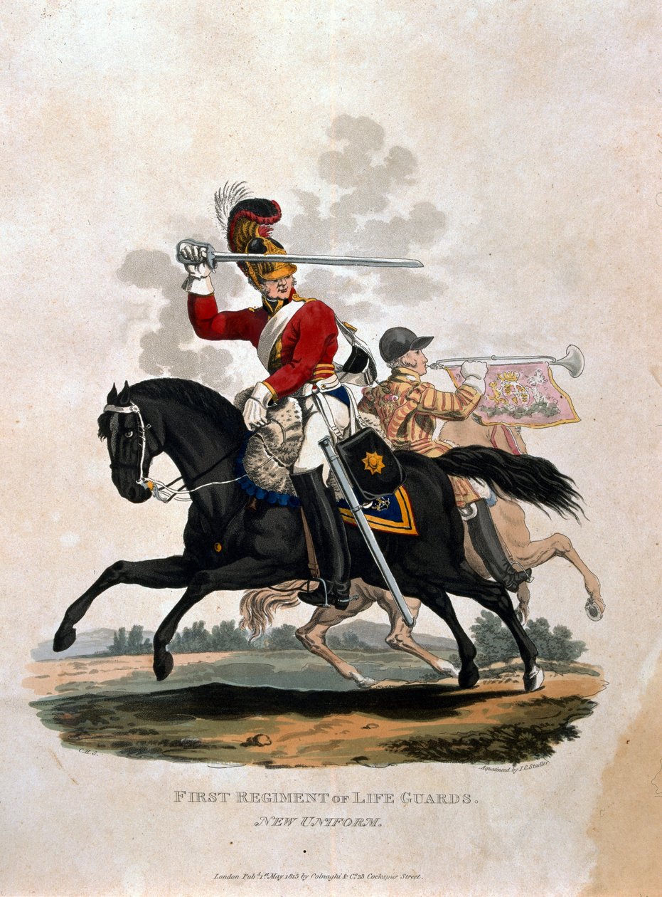 Soldado do Primeiro Regimento de Guardas da Vida, de "Figurinos do Exército do Império Britânico, de acordo com os últimos regulamentos 1812", gravados por JC Stadler, publicado por Colnaghi und Co. 1812-15 de Charles Hamilton Smith