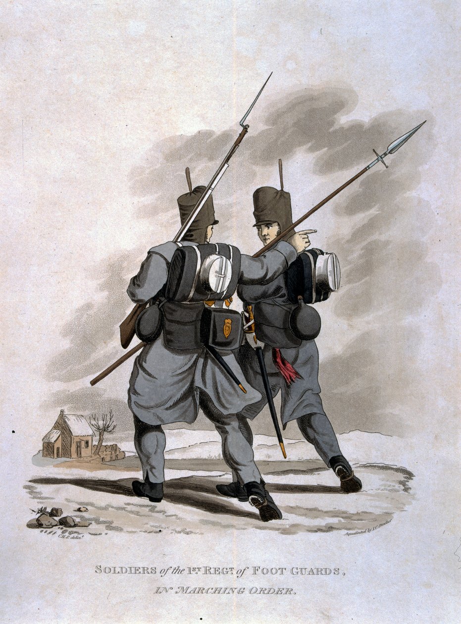 Soldados do 1º Regimento de Guardas de Pé em Ordem de Marcha, de "Figurinos do Exército do Império Britânico, de acordo com os últimos regulamentos 1812", gravados por JC Stadler, publicado por Colnagh de Charles Hamilton Smith