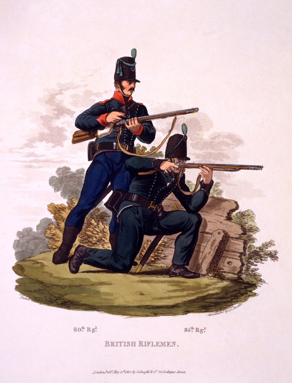 Uniforme de fuzileiros britânicos (60º e 95º Regimentos), de "Traje do Império Britânico, de acordo com o último regulamento", publicado em 1813 (aquatinta colorida à mão) de Charles Hamilton Smith