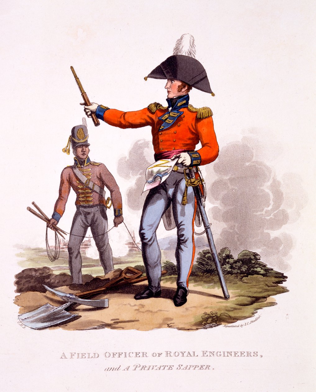 Uniforme de Oficial de Campo dos Engenheiros Reais e Sapador Privado, de &39;Traje do Império Britânico, de acordo com os Últimos Regulamentos&39;, publicado em 1815 (aquatinta colorido à mão) de Charles Hamilton Smith