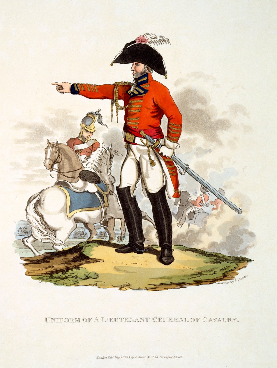 Uniforme de um tenente-general de cavalaria, de &39;traje do Império Britânico, de acordo com o último Regulamento&39;, publicado em 1813 (aquatinta colorido à mão) de Charles Hamilton Smith