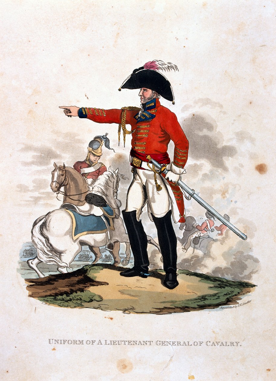 Uniforme de um tenente-general de cavalaria, de &39;trajes do exército do Império Britânico, de acordo com as últimas regulamentações 1812&39;, gravada por JC Stadler, publicada por Colnaghi und Co. 1812-15 (col de Charles Hamilton Smith