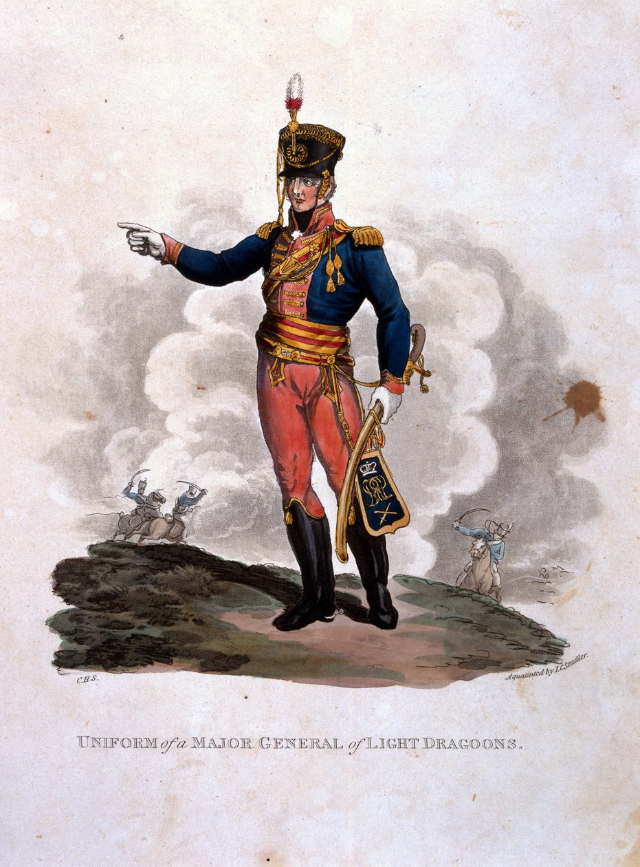 Uniforme de um Major-General de Light Dragoons, de "trajes do exército do Império Britânico, de acordo com os últimos regulamentos 1812", gravados por JC Stadler, publicado por Colnaghi und Co. 1812-15 ( de Charles Hamilton Smith